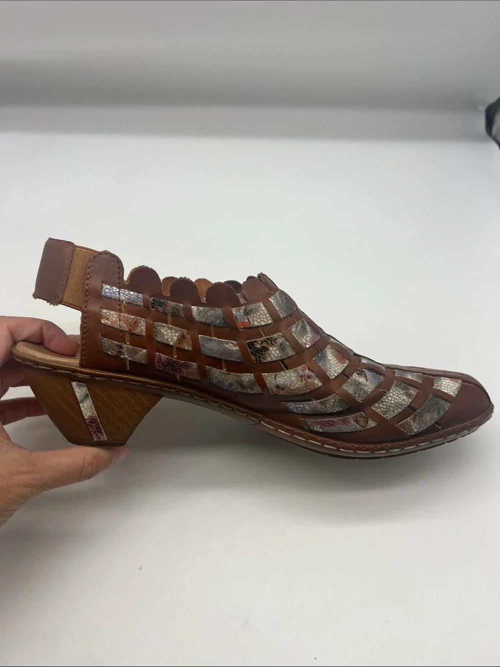 Rieker - Sina 46778 Brown Leather Multi Colored Woven Round Toe Shoes Size 41